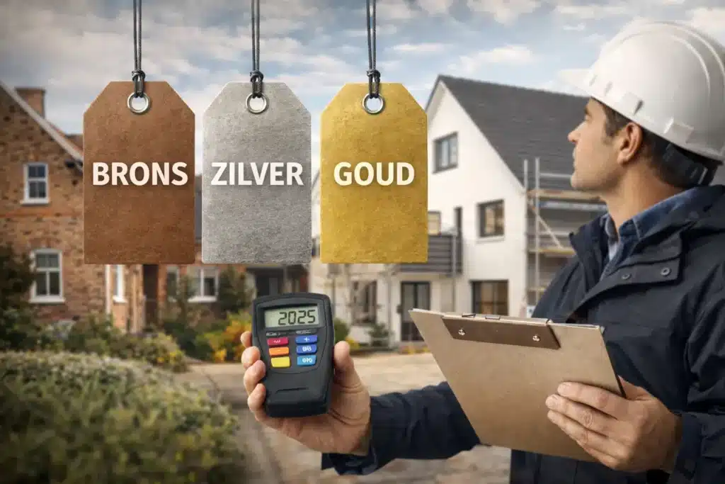 Inspecteur bij een woning met de pakketlabels Brons, Zilver en Goud