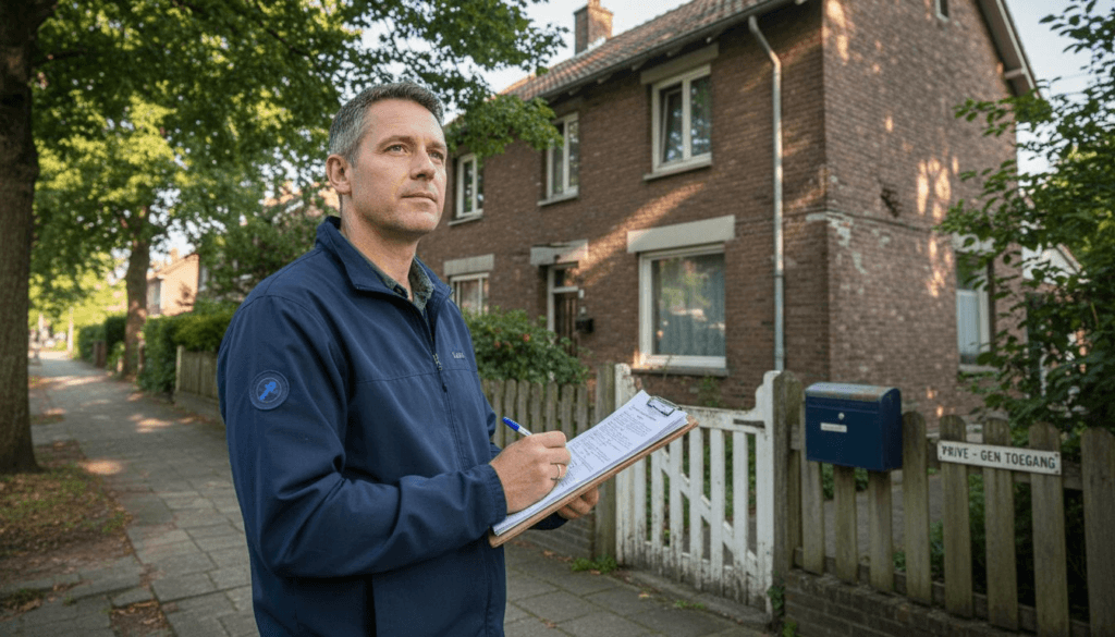 Een bouwkundig expert neemt het buitenaanzicht van de woning grondig onder de loep.