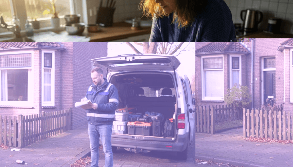 Bouwkundig inspecteur voert keuring uit bij een hoekwoning