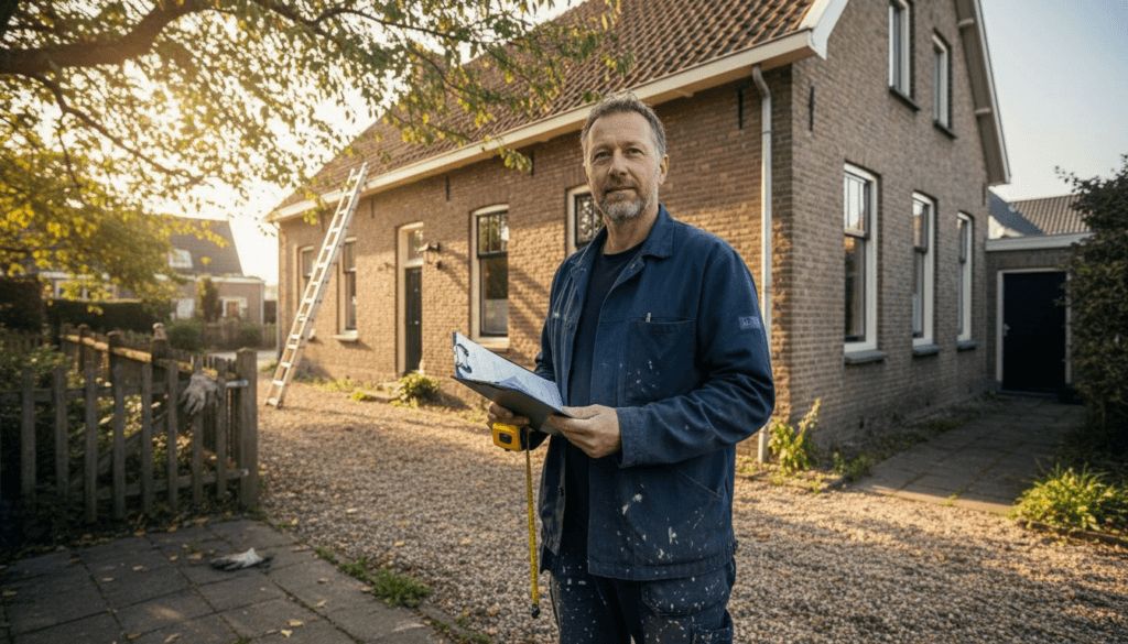Een bouwkundig inspecteur voert een keuring uit van de woning.