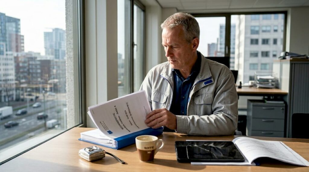 De bouwinspecteur bekijkt het rapport op zijn kantoor.