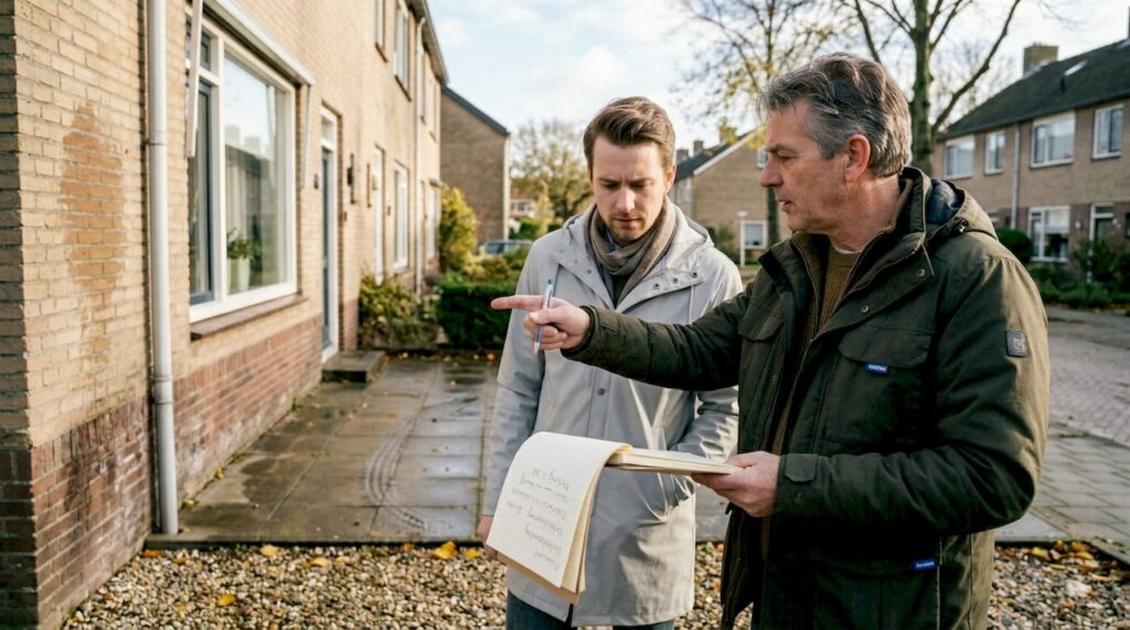 De bouwinspecteur maakt aantekeningen tijdens de woninginspectie.