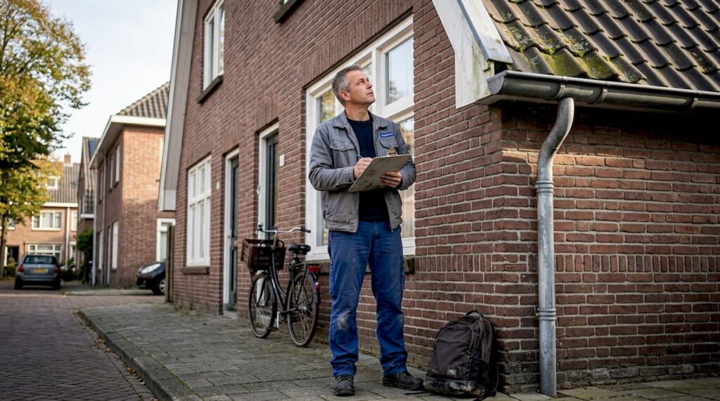 Een bouwinspecteur voert een controle uit aan de buitenkant van een Nederlandse woning.