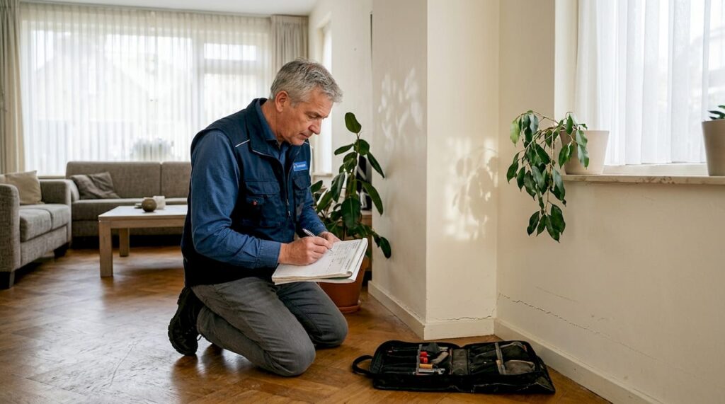 Een bouwkundige inspecteert de muur in de woonkamer.