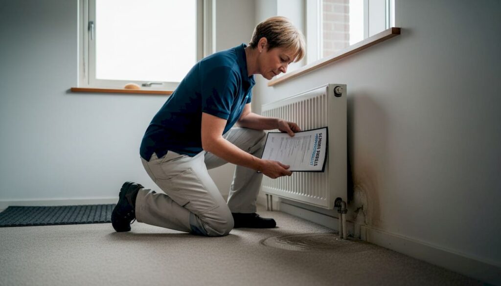Een bouwkundige bekijkt de waterschade in de woonkamer.
