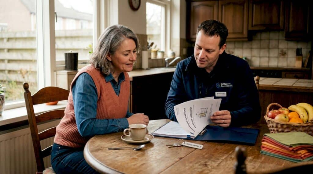 De woningeigenaar en de bouwkundige zitten samen aan de eettafel om de inspectie door te nemen.