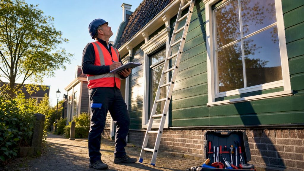 Een bouwkundig expert bekijkt de buitenkant van de woning grondig en vakkundig.
