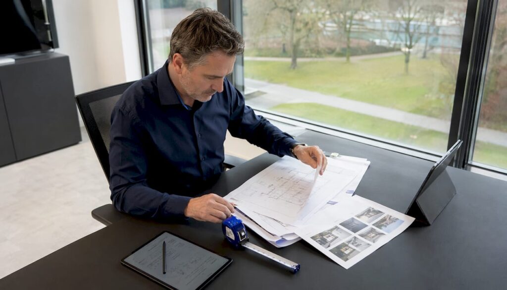 Een schade-expert neemt bij het kantoor het schadeverslag onder de loep.