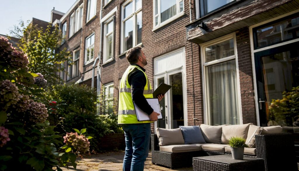 Een inspecteur loopt een rondje om het huis om de buitenkant te controleren op eventuele gebreken.