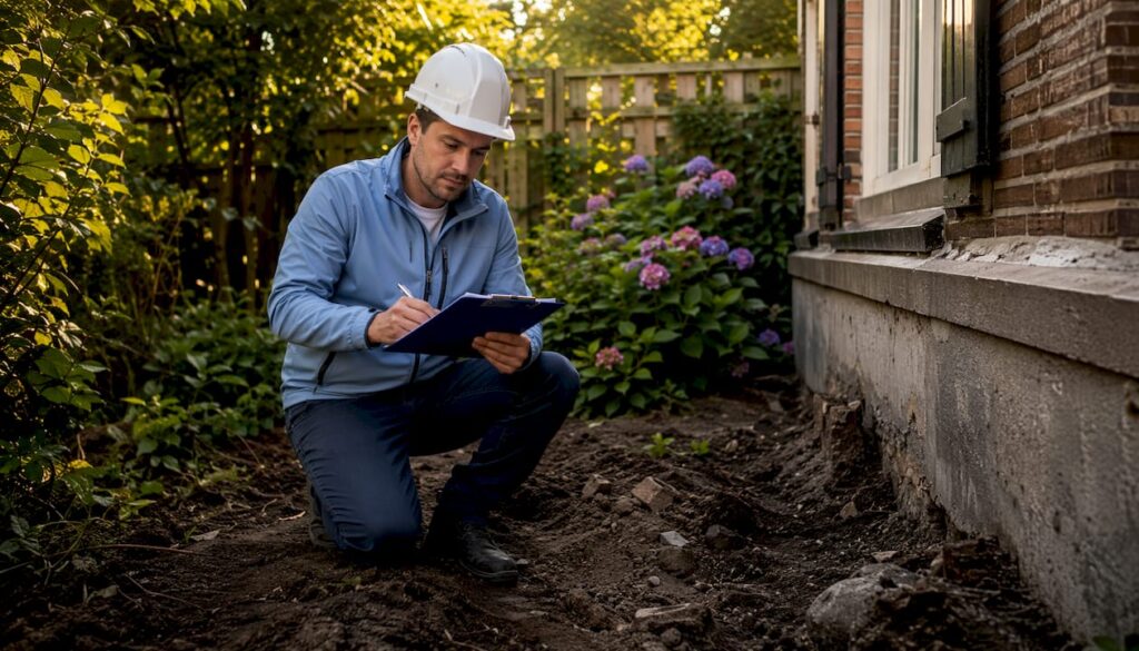 Een expert bekijkt de fundering van het huis aan de buitenkant.