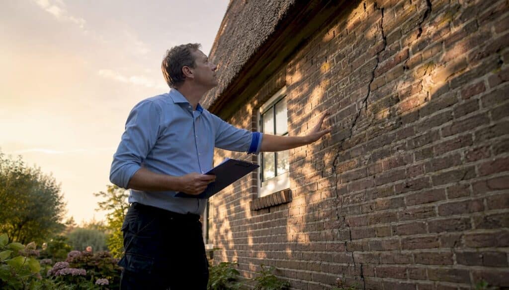 Een bouwkundig expert onderzoekt scheuren in de muur van een woning.