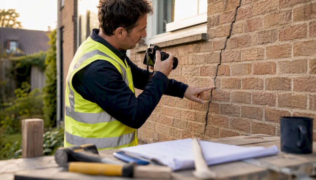 Een bouwkundig expert legt een scheur in de gevel van een gebouw vast op foto.