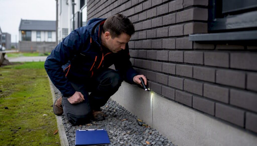 Een bouwkundig inspecteur voert een controle uit bij de entree van de woning.