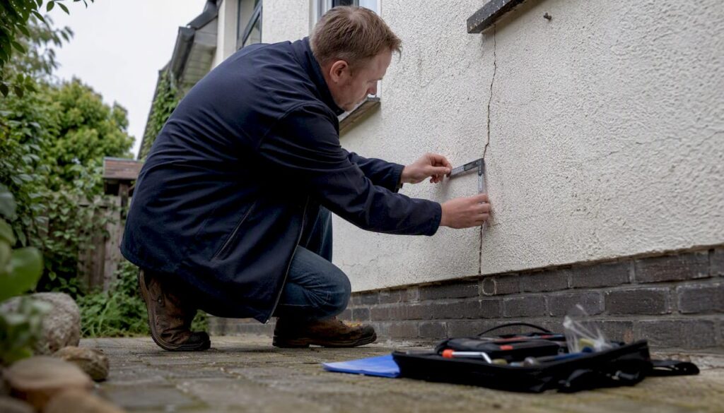 Een inspecteur bekijkt en meet scheuren in de buitenmuur van een gebouw.