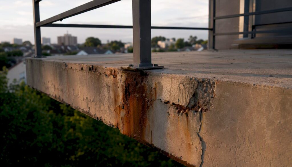 Betonnen balkon met aangetaste wapening door roestvorming
