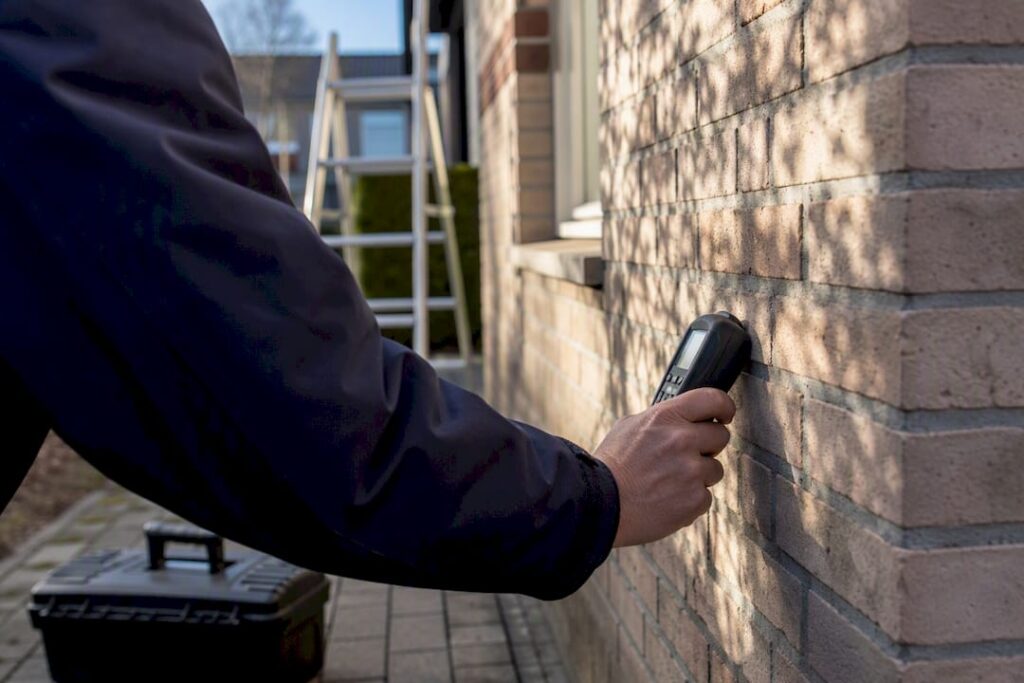 Een bouwkundige inspecteert de muren op vochtproblemen.