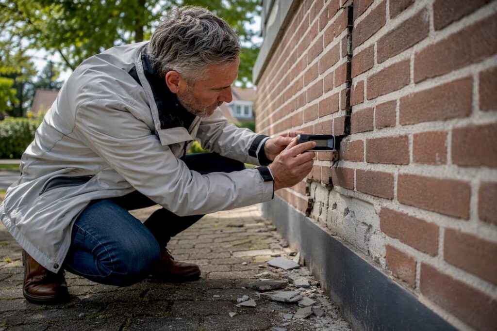 Inspecteur meet aardbevingsscheuren in de gevel van een huis