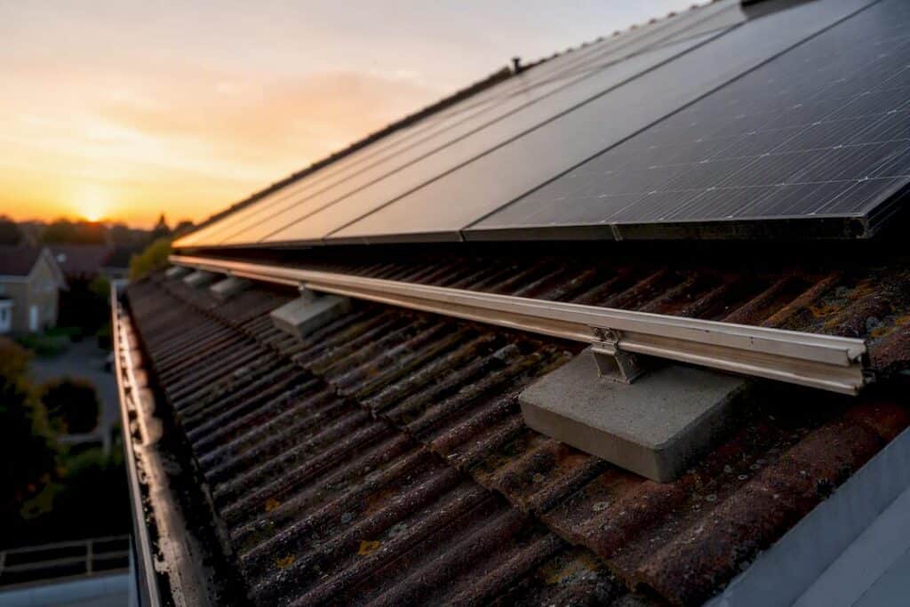 Close-up van zonnepanelen en dakconstructie