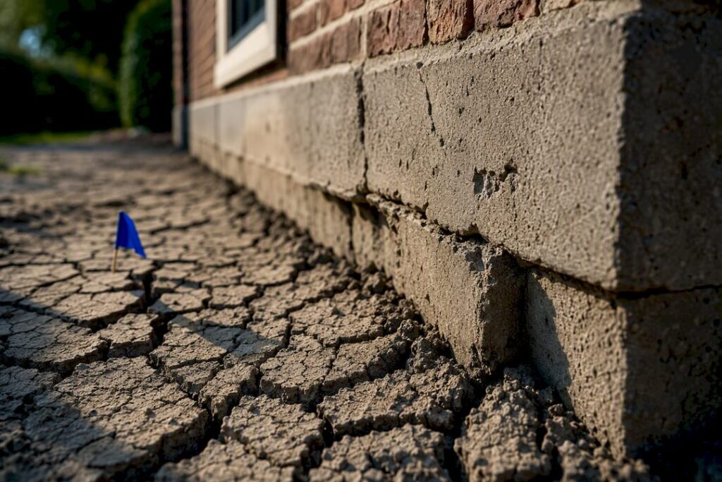 Droge kleigrond met scheuren langs de fundering