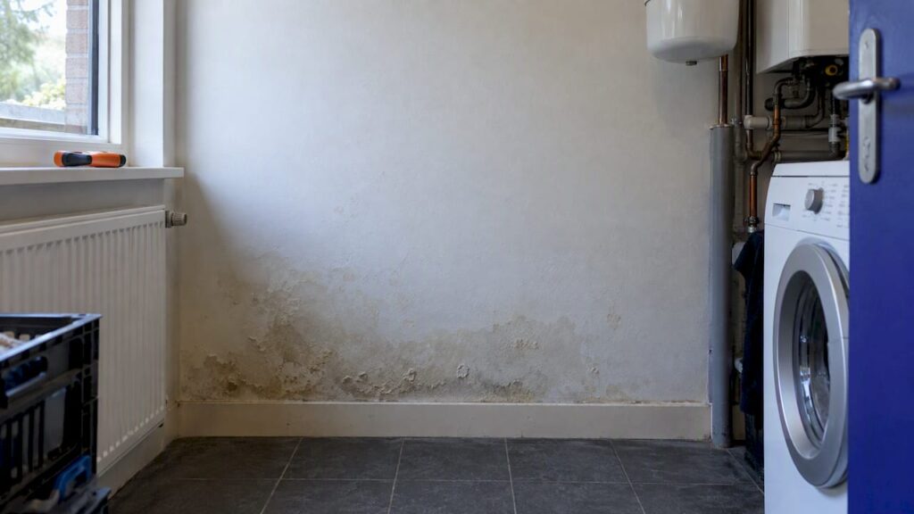 Vochtvlek op de binnenmuur boven de plint