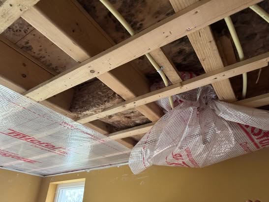 Geopend plafond met zichtbare houten balken