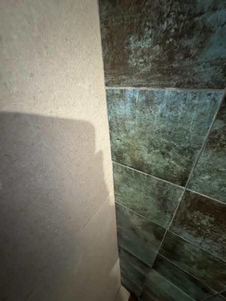 Tegelwerk en inwendige hoekaansluiting tussen de lichte wand en de donkere douchewand