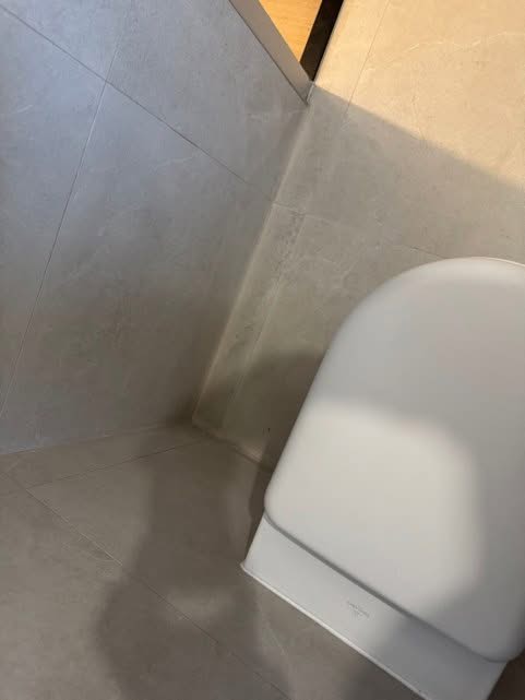 Wand-vloeraansluiting en tegelwerk bij het hangende toilet